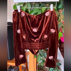 Honey Belle Velvet Floral Skirt Set - Rich Brown and Pink